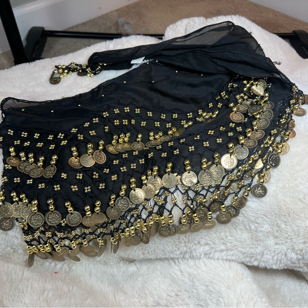 Plus Size Black and Gold Coin Hip Scarf Belly Dancing Cosplay Festival Pirate